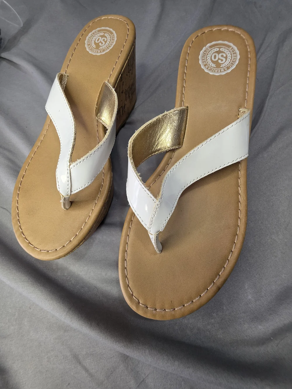 SO White Gold Cork Wedge Sandals Size 6 Thong Flip Flops